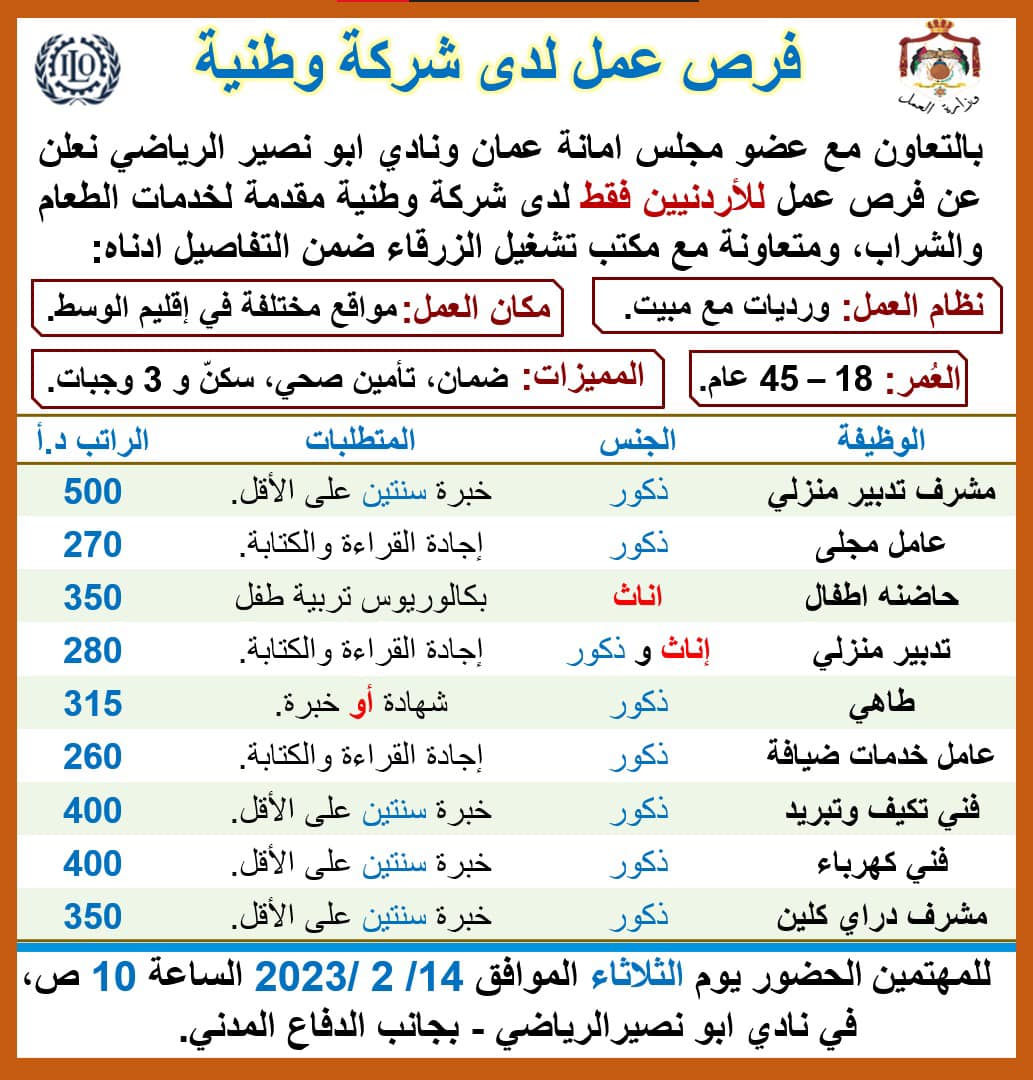 فرص عمل متوفرة لكلا الجنسين لدى شركة وطنية